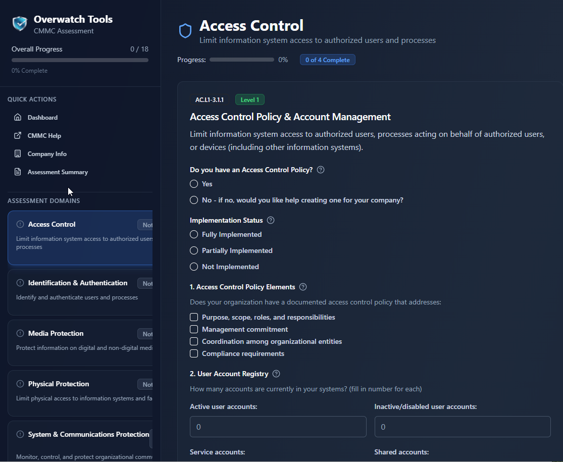 Overwatch Tools CMMC Assessment Interface