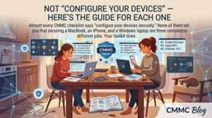 Not "Configure Your Devices" — Here's the Guide for Each One Almost every CMMC checklist says "configure your devices securely." None of them tell you that securing a MacBook, an iPhone, and a Windows laptop are three completely different jobs. Your toolkit does.